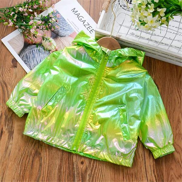 

Toddler Girls Holographic Hooded Sunproof Jacket, Lime green