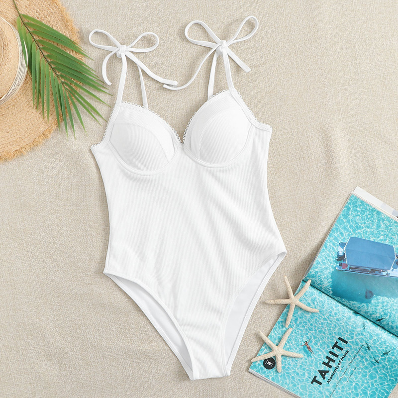 

Rib Self Tie Underwire One Piece Swimsuit, White