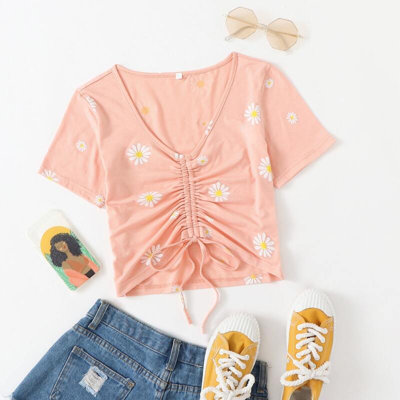 

Daisy Floral Drawstring Tee, Coral pink