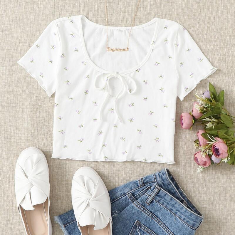 

Allover Floral Tie Front Tee, White