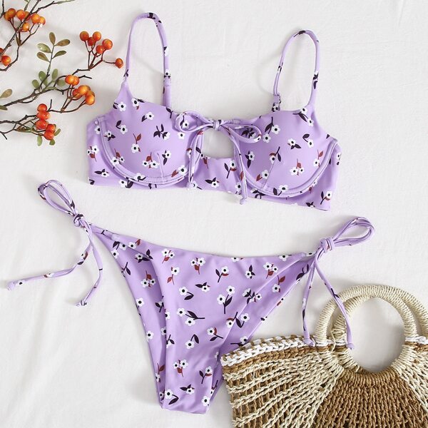 

Floral Underwire Tie Side Bikini Swimsuit, Pastel lilac purple