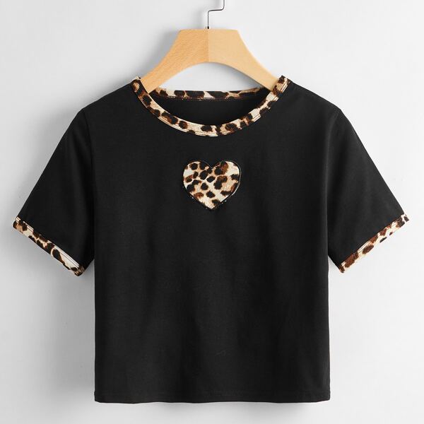 

Leopard & Heart Print Ringer Tee, Black