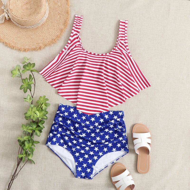 

Star & Striped Print Handkerchief Bikini Swimsuit, Multicolor