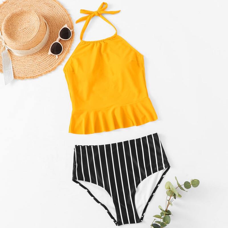 

Striped Ruffle Hem Halter Bikini Swimsuit, Multicolor