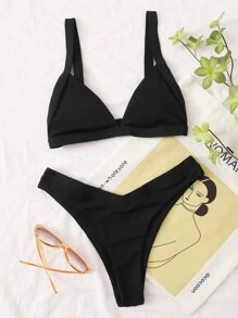 Conjunto De Bikini De Pierna Alta Con Triángulo De Canalé Summer Beach - Negro - Ver 1