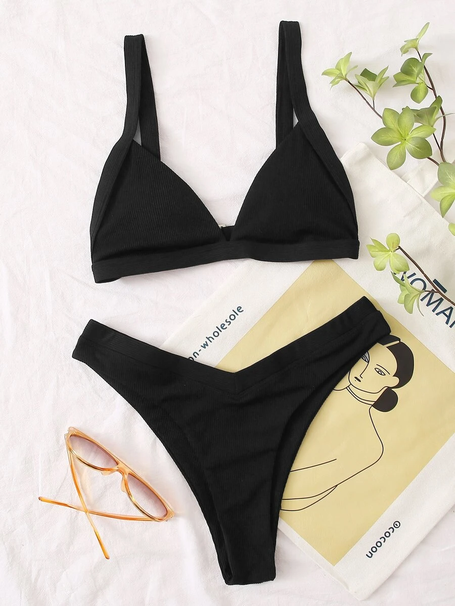 Conjunto De Bikini De Pierna Alta Con Triángulo De Canalé Summer Beach - Negro - Ver 1