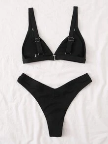 Conjunto De Bikini De Pierna Alta Con Triángulo De Canalé Summer Beach - Negro - Ver 2