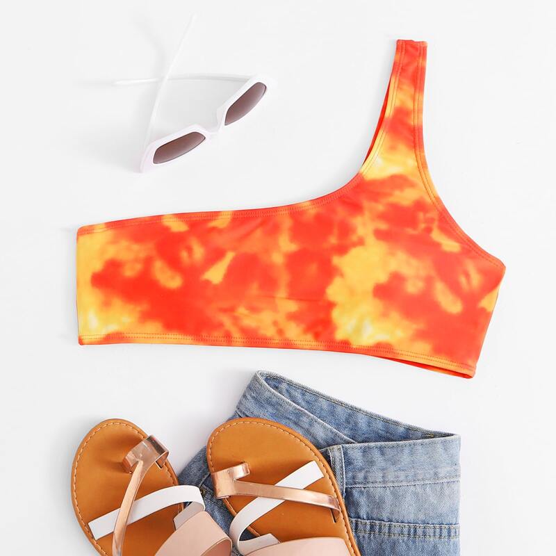 

Tie Dye One Shoulder Bikini Top, Orange bright