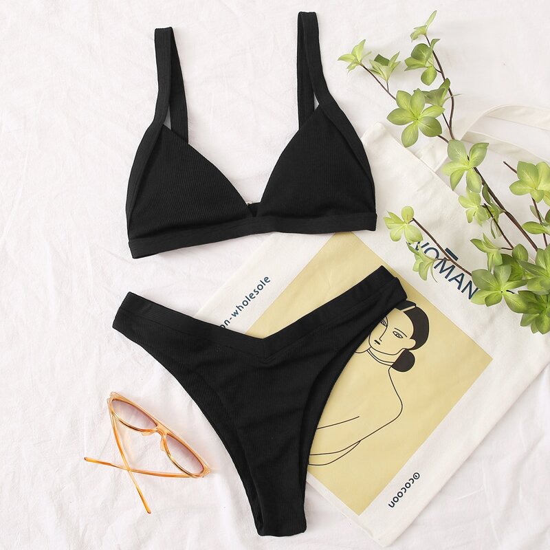 

Rib Triangle High Leg Bikini Swimsuit, Black