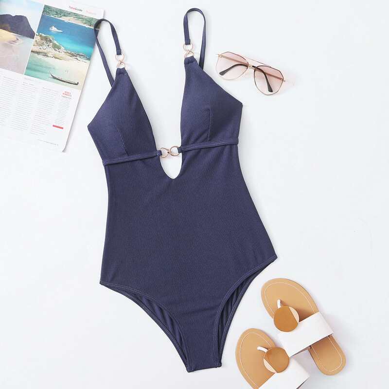 

Rib Ring Linked Plunging One Piece Swimsuit, Purple