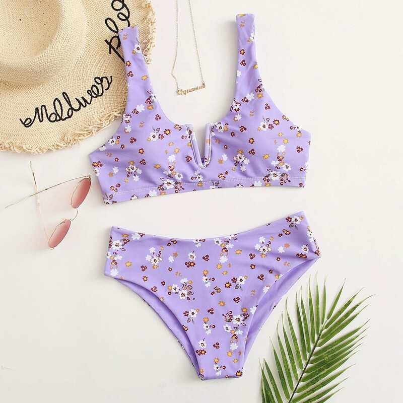 

Ditsy Floral V Wired Bikini Swimsuit, Pastel lilac purple