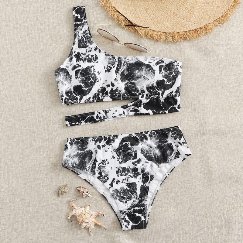 

Sea Wave Print One Shoulder Bikini Swimsuit, Black and white