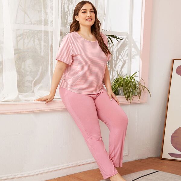 

Plus Striped Print Pajama Set, Baby pink