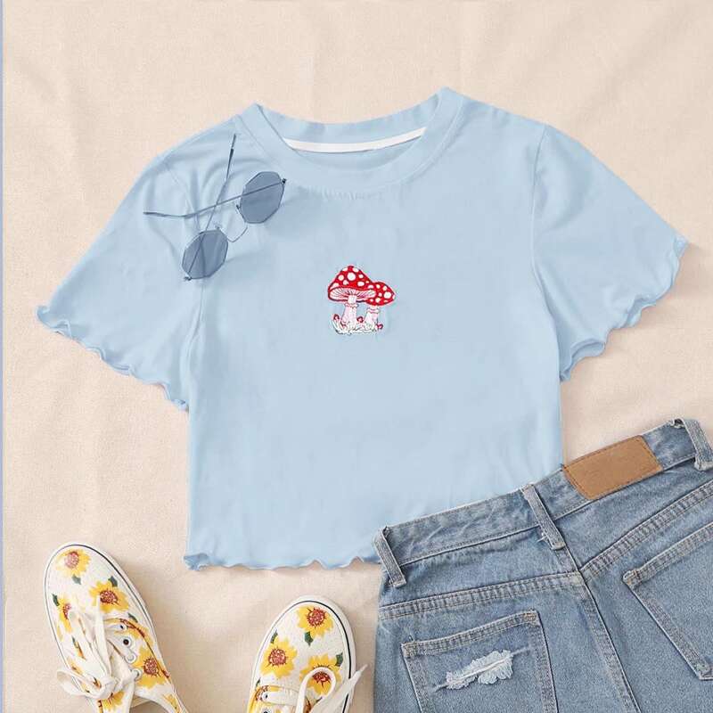 

Mushroom Embroidery Crop Top, Blue