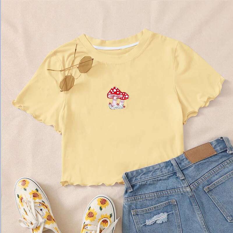 

Mushroom Embroidery Crop Top, Yellow