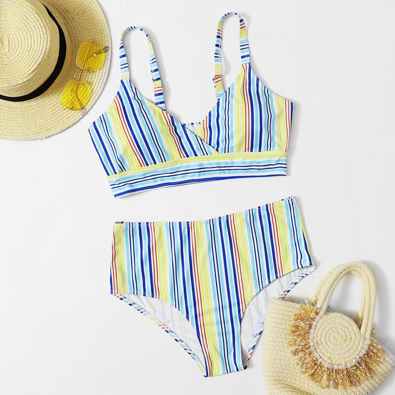 

Striped Surplice Neck Bikini Swimsuit, Multicolor