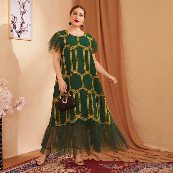 

Plus Geo Print Mesh Smock Dress, Dark green