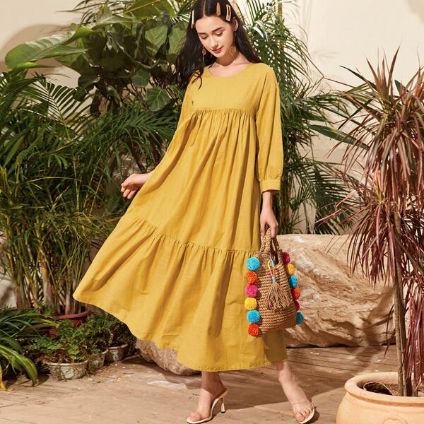 

Flippy Hem Solid Smock Dress, Mustard yellow