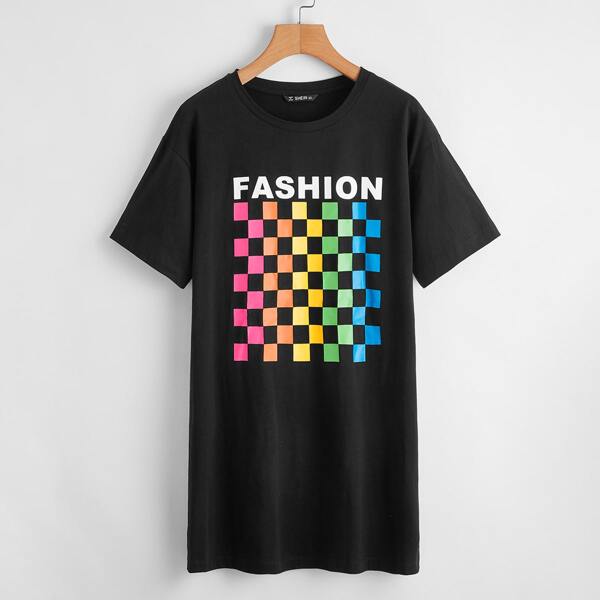 

Checkered Panel Letter Graphic Tee Dress, Black