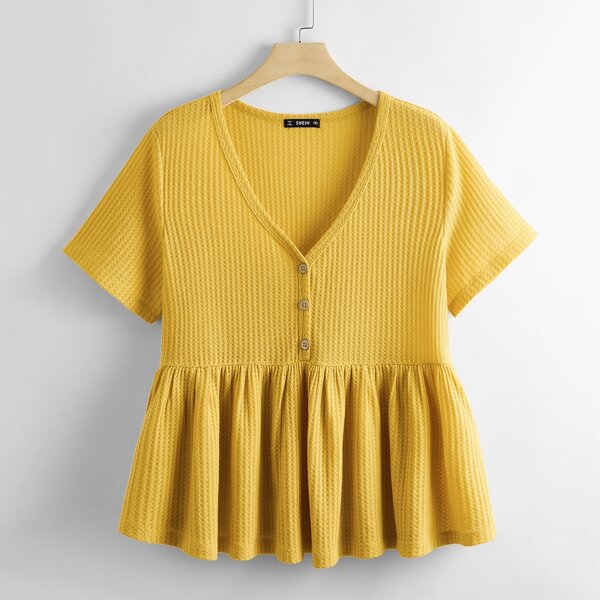 

Plus Button Detail Waffle Knit Smock Top, Yellow