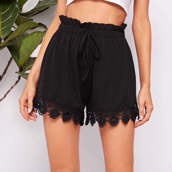 

Paperbag Waist Guipure Lace Hem Shorts, Black