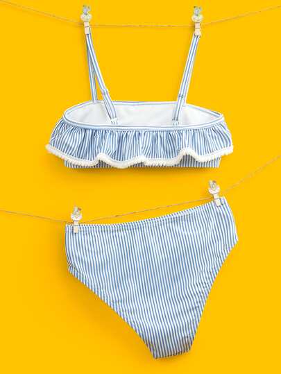 Girls Striped Ruffle Trim Bikini Swimsuit