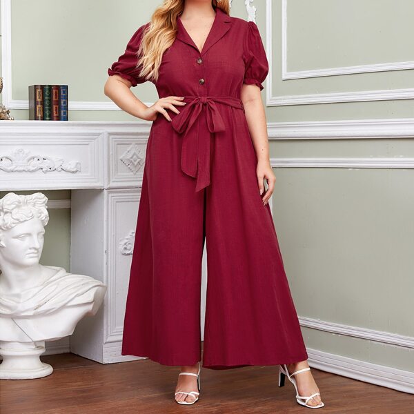 

Plus Puff Sleeve Self Belted Wide Leg Shirt Jumpsuit, Burgundy