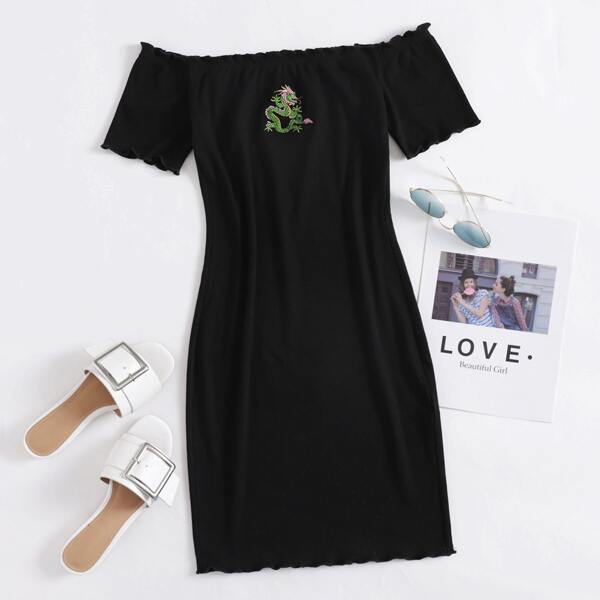 

Dragon Embroidery Lettuce Edge Bardot Dress, Black