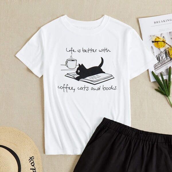 

Slogan & Cartoon Graphic Tee, White