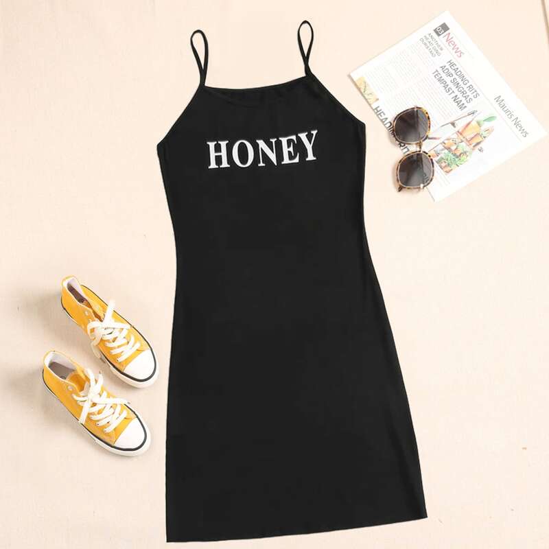 

Letter Graphic Cami Dress, Black