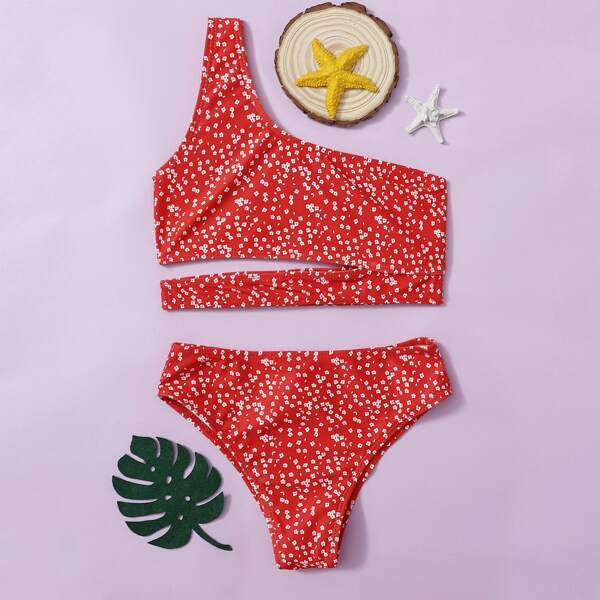 

Girls Ditsy Floral One Shoulder Bikini Swimsuit, Red