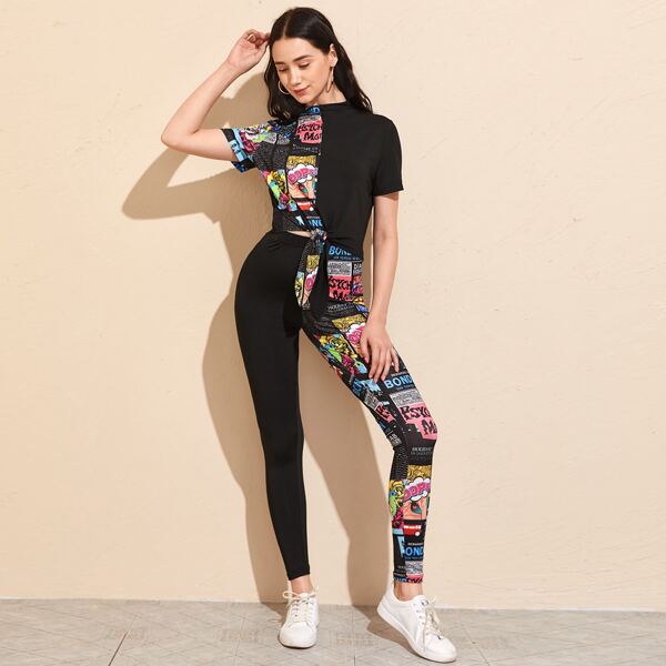 

Pop Art Graphic Self-Tie Tee & Leggings Set, Black