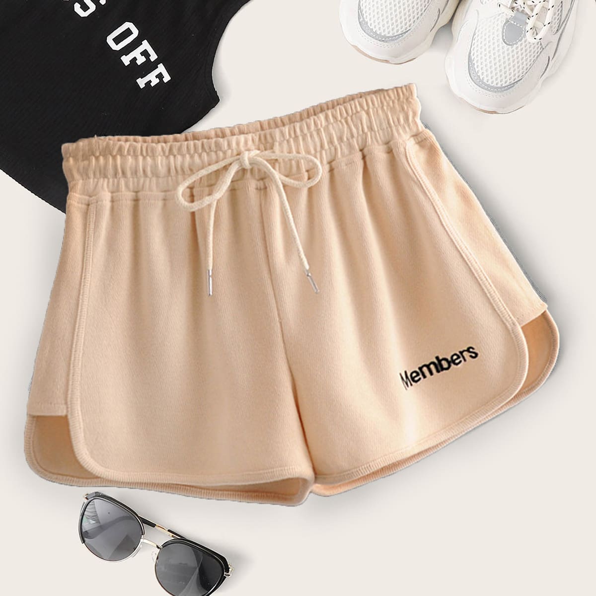 

Letter Graphic Drawstring Waist Track Shorts, Beige
