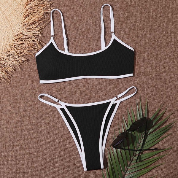 

Rib Contrast Binding Thong Bikini Swimsuit, Black