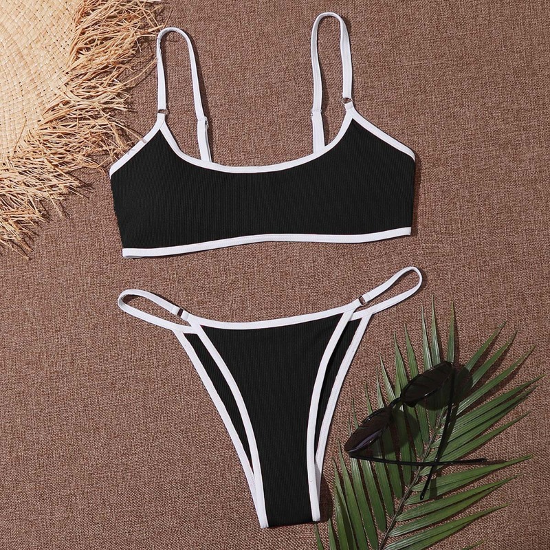 

Rib Contrast Binding Thong Bikini Swimsuit, Black