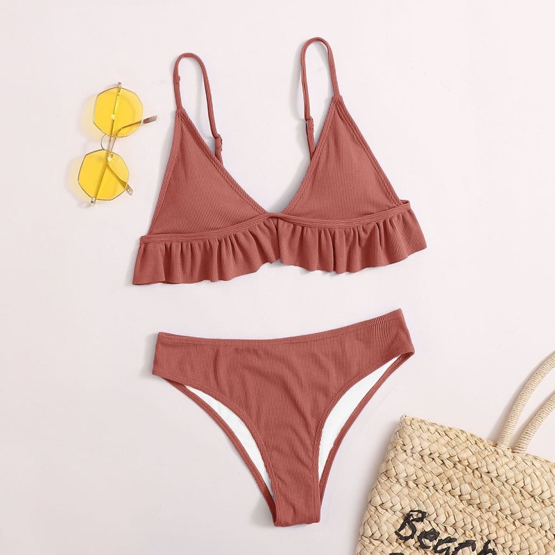 

Rib Ruffle Hem Triangle Bikini Swimsuit, Rusty rose