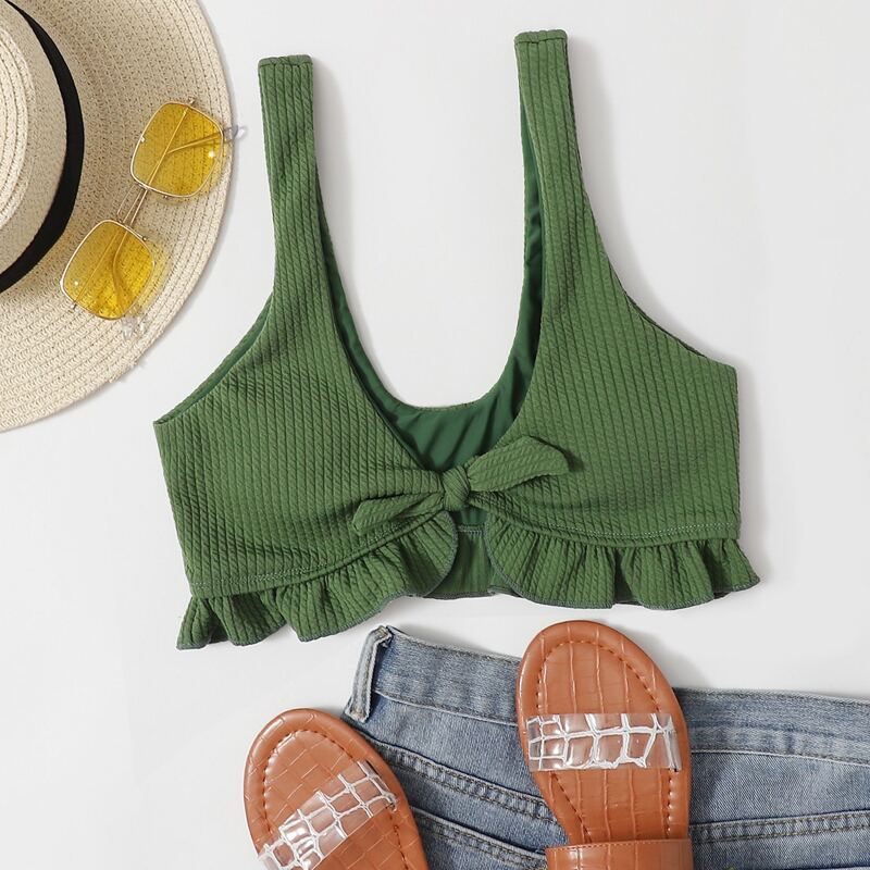

Textured Ruffle Hem Bikini Top, Green