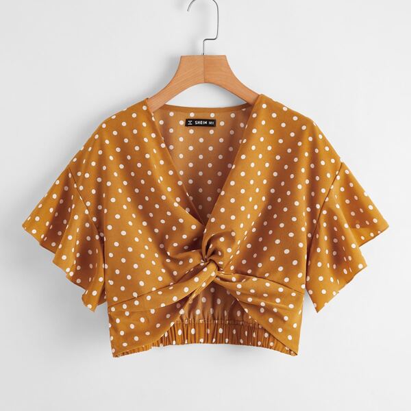 

Twist Front Butterfly Sleeve Polka Dot Crop Top, Mustard yellow