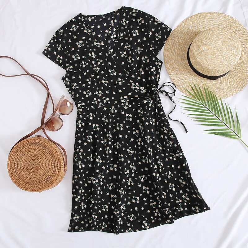 

Ditsy Floral Wrap Tie Dress, Black