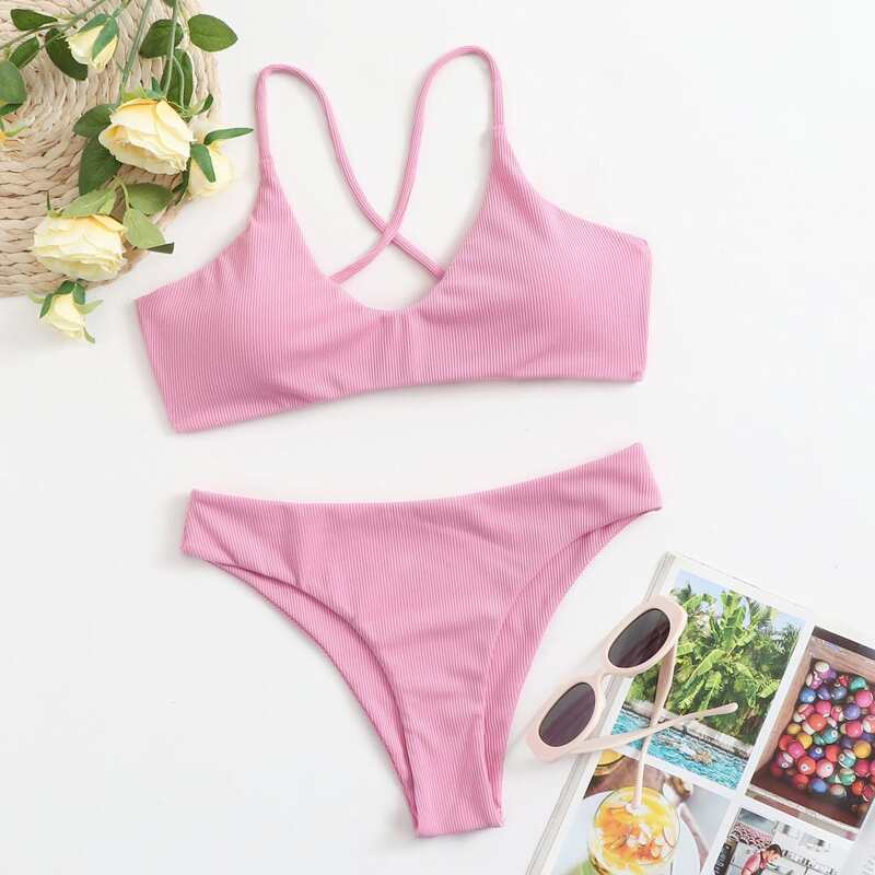 

Ribbed Tie Back Bikini Swimsuit, Baby pink
