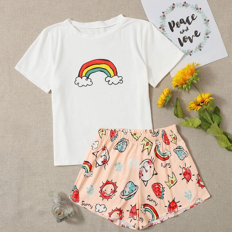 

Cartoon Rainbow Shorts PJ Set, Multicolor