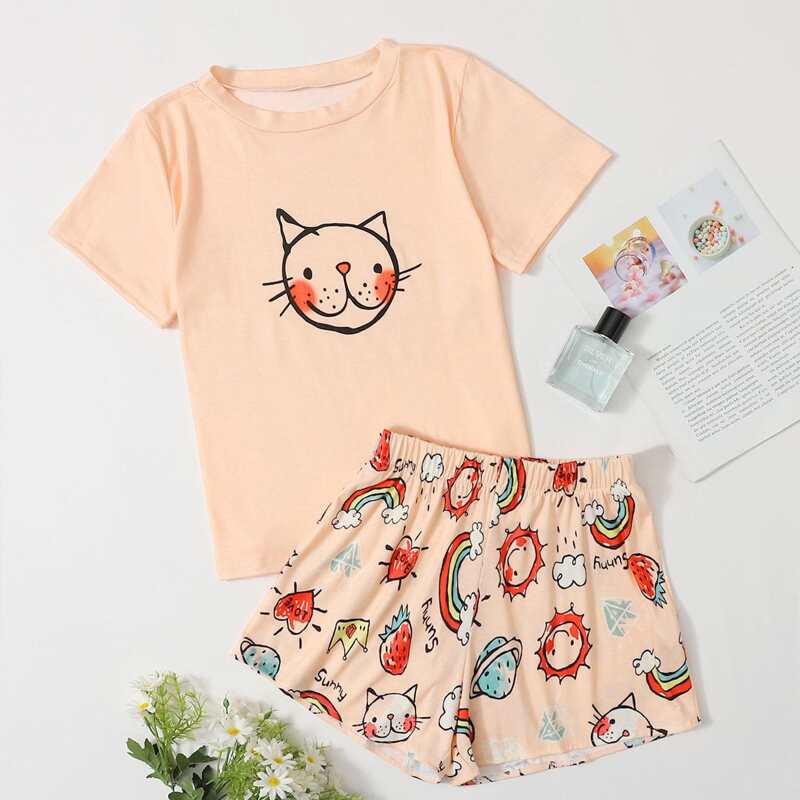 

Cartoon Rainbow Shorts PJ Set, Orange pastel