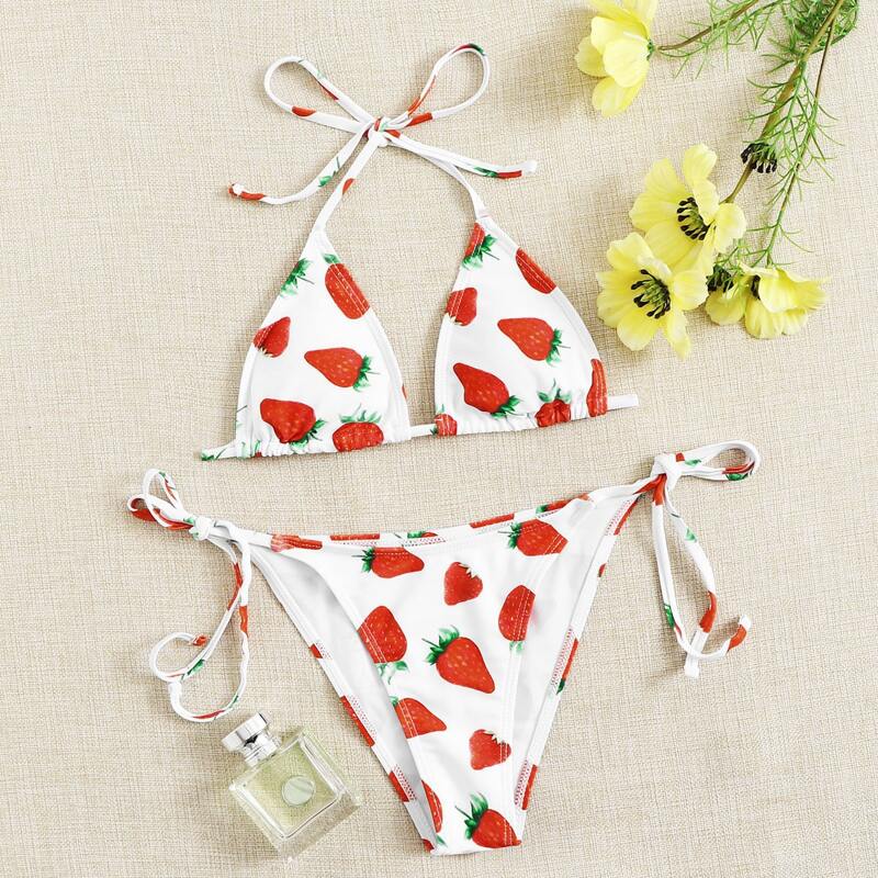 

Tie Side Halter Strawberry Bikini Swimsuit, Red and white