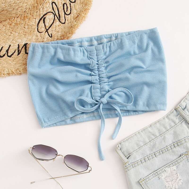 

Drawstring Front Tube Top, Baby blue