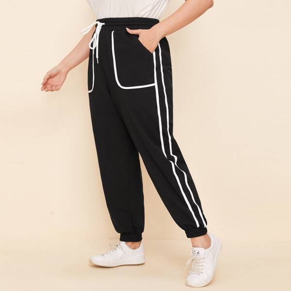 

Plus Drawstring Waist Patch Pocket Striped Side Joggers, Black