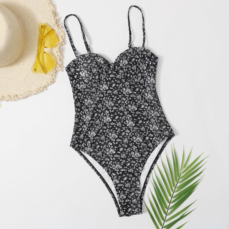 

Ditsy Floral Cami One Piece Swimsuit, Black and white