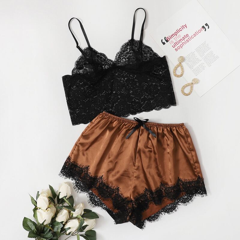 

Floral Lace Bra With Satin Shorts, Multicolor