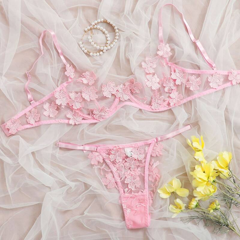 Embroidered Floral Sheer Mesh Lingerie Set, Pastel baby pink