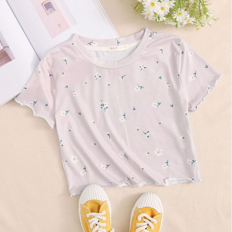 

Ditsy Floral Lettuce Trim Tee, Purple pastel