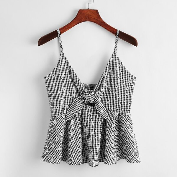 

Gingham Knot Front Daisy Floral Embroidery Cami Top, Black and white